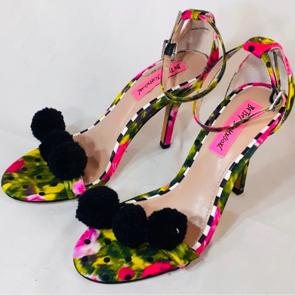 BETSEY JOHNSON Multicolor Floral Heels with Black Pom Poms, Size 9.5
